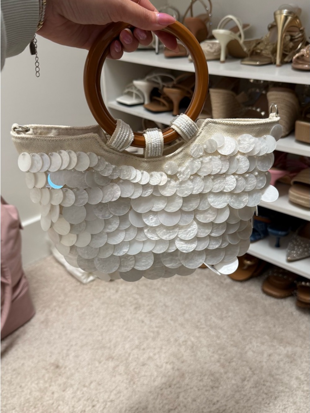 Source Unknown White Sequin Mini Bag with Amber Ring Handles